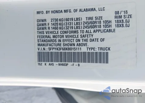 2019 Honda Ridgeline Rtl-T from USA, damaged, VIN 5FPYK3F68KB015111